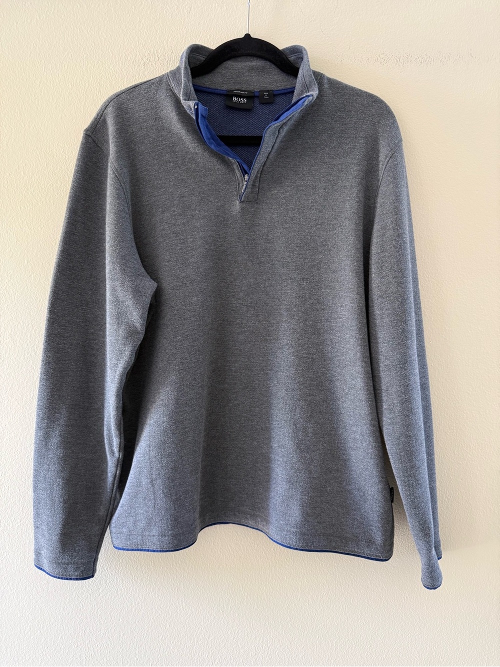 Hugo Boss Men's Gray Quarter-Zip Sweater with Blue Trim
